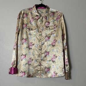 Wrangler Shirt Womens Size XL Satin Floral Button Up Western Rodeo Cottage Core